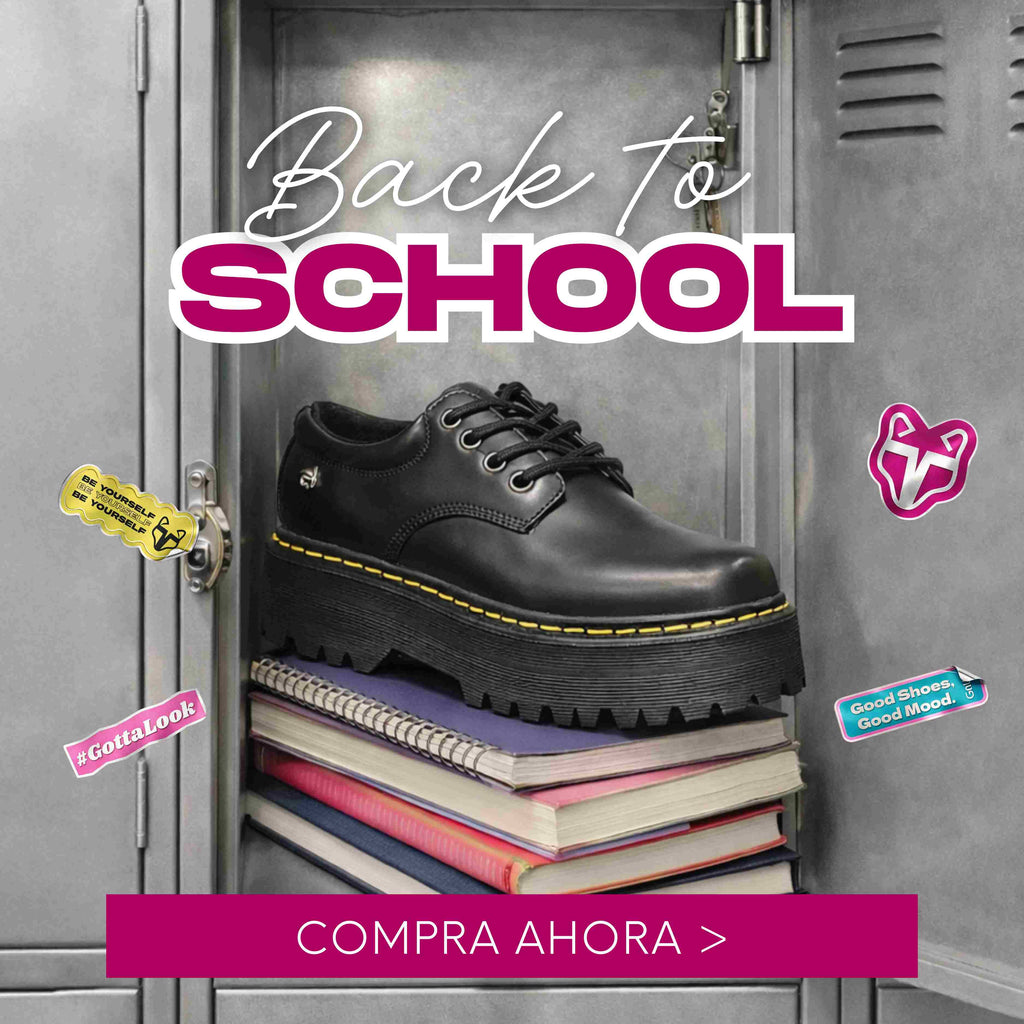 Banner Back to School con zapato escolar negro de plataforma sobre libros dentro de locker metálico con llamado a compra online Gottalook Perú.