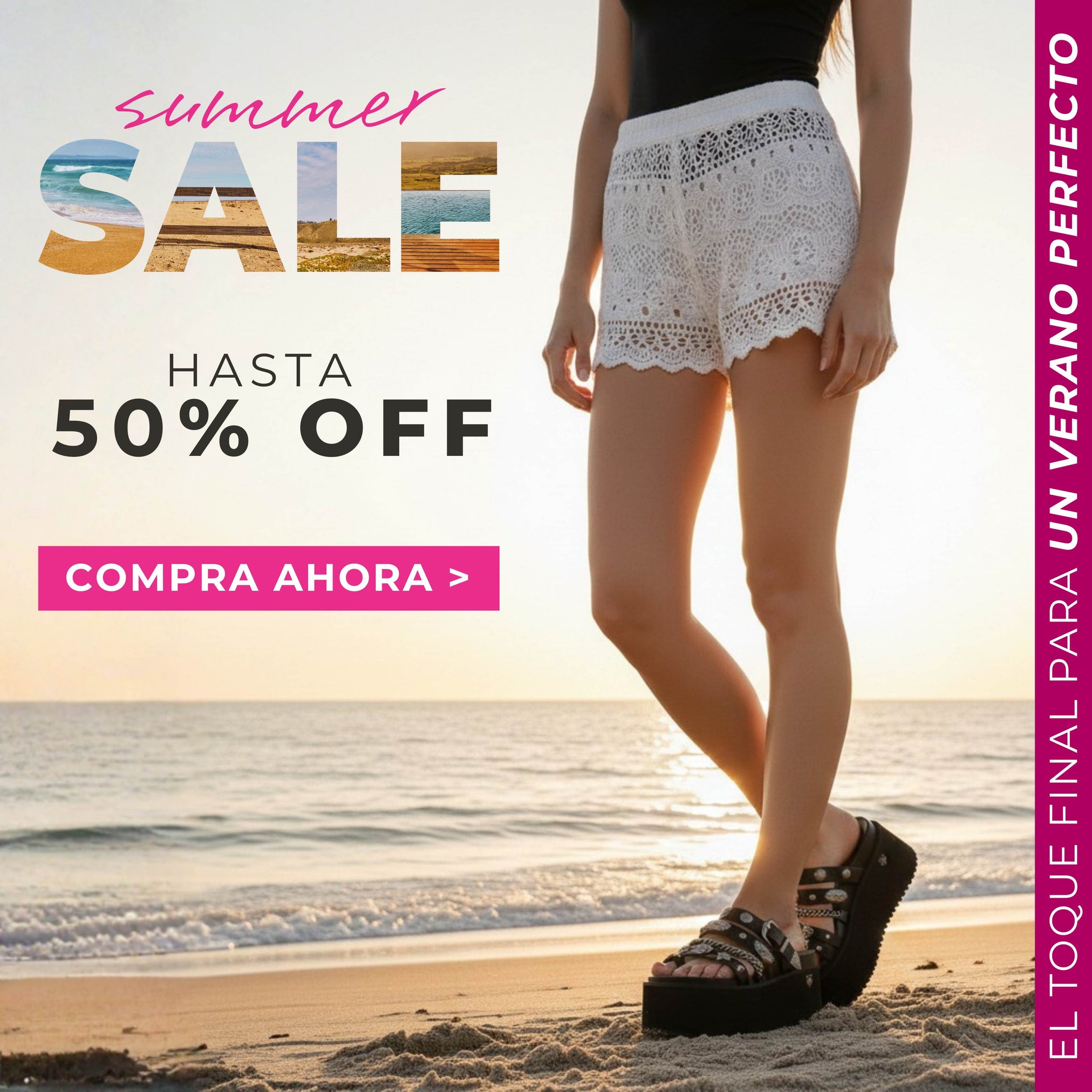 Mujer caminando por la playa con sandalias y shorts de verano durante Summer Sale con hasta 50% de descuento